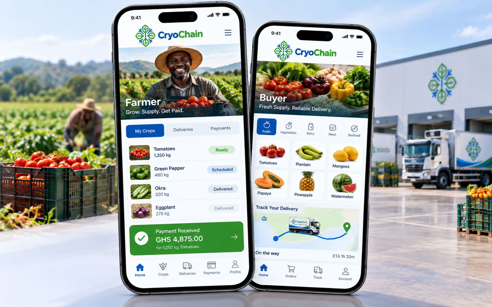 Two phones showing the farmer app and the buyer app