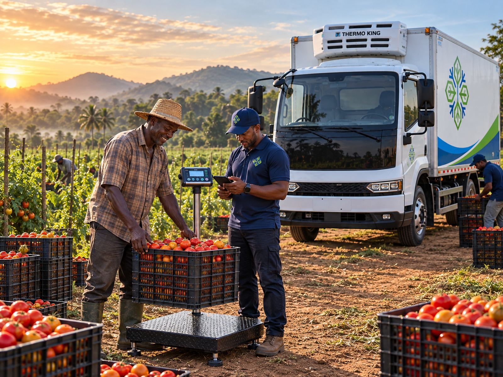 A farmer weighing crates of tomatoes beside a white refrigerated truck
