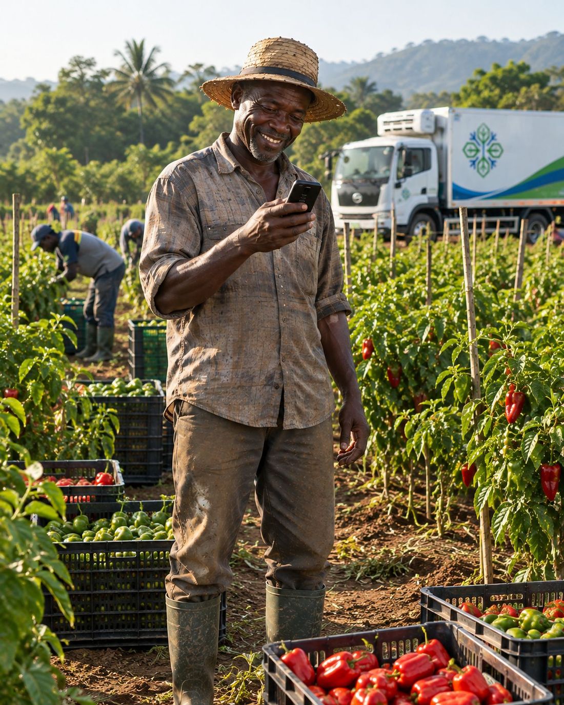 A farmer reading a mobile money payment message on his phone beside his crops