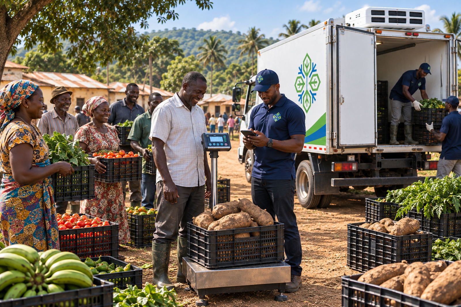 Farmers at a village collection point with crates, a scale and a refrigerated truck