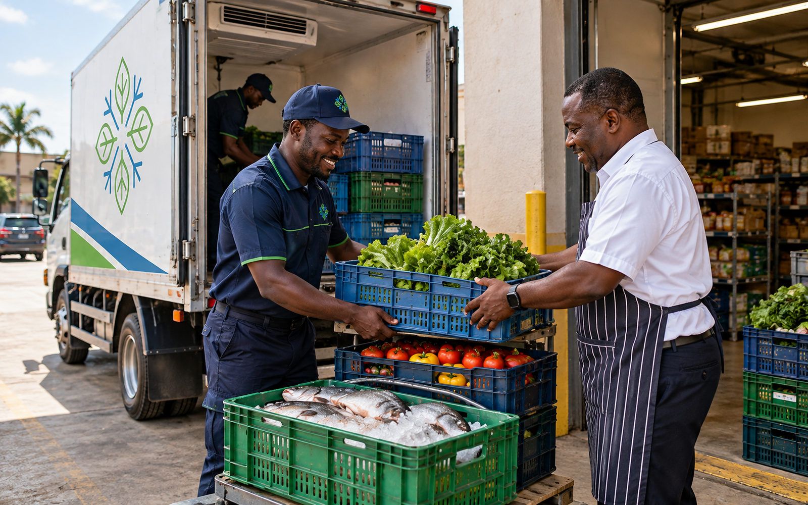 A grocery manager receiving chilled crates from a driver