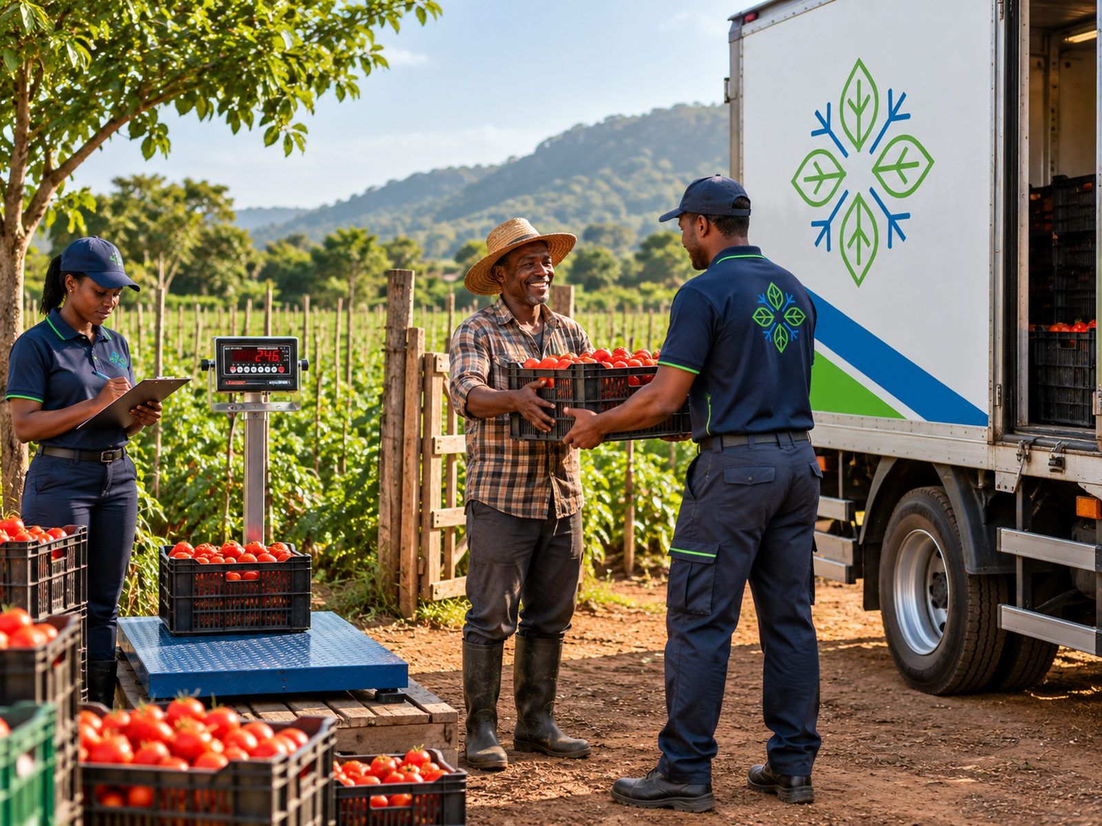 A farmer handing crates of tomatoes to a driver at his farm gate