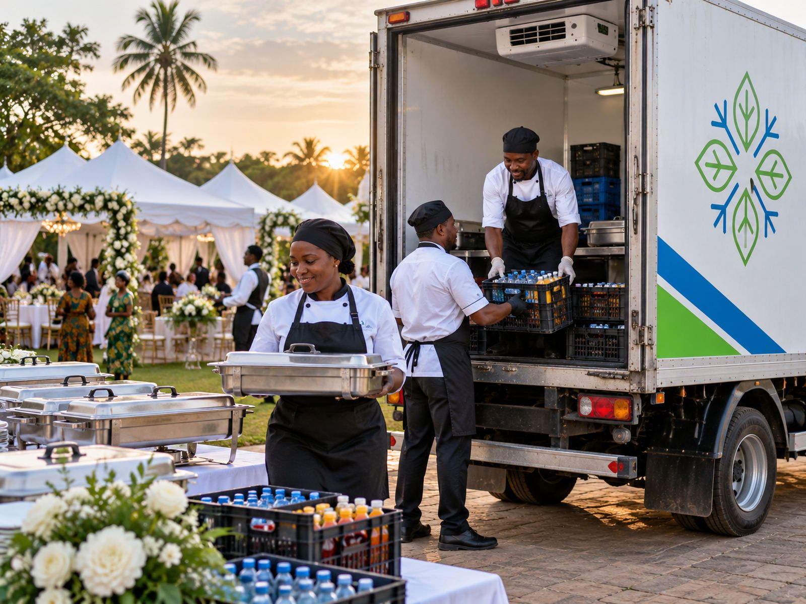 Caterers keeping wedding food cold in a refrigerated truck parked at the venue
