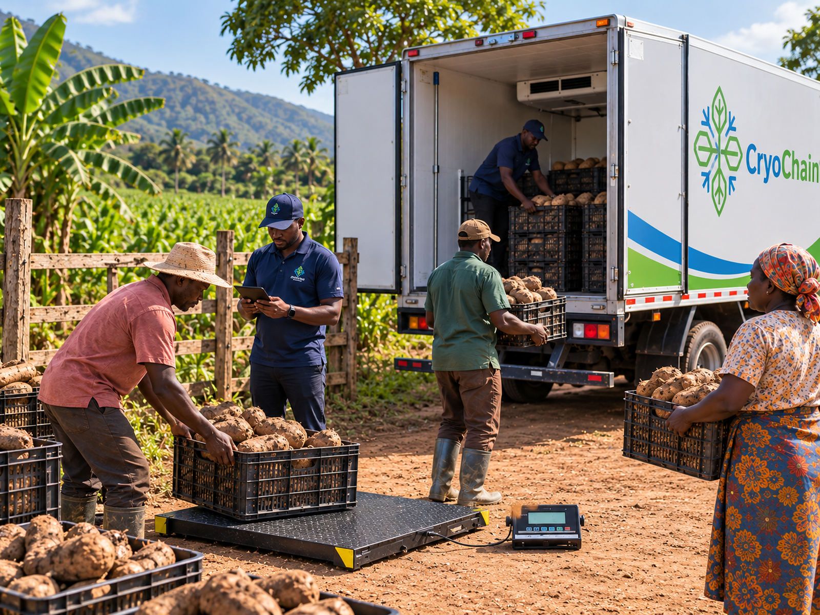 Crates of yams being loaded into a refrigerated truck at a farm gate