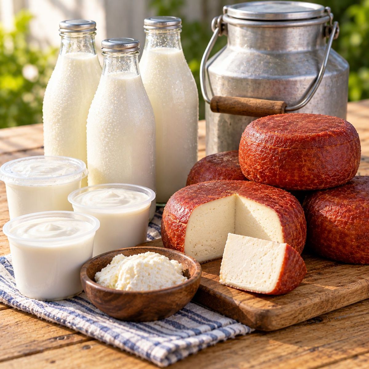 Bottles of fresh milk, yogurt and local cheese