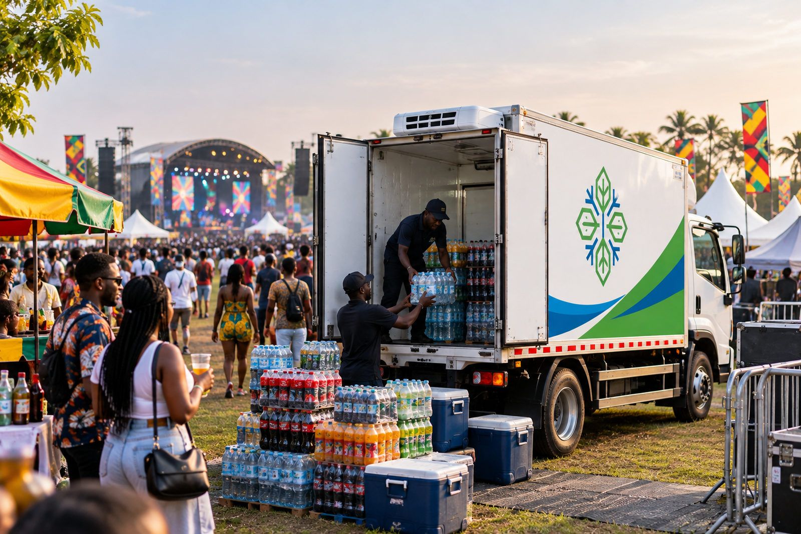 A refrigerated truck parked at a festival with crowds