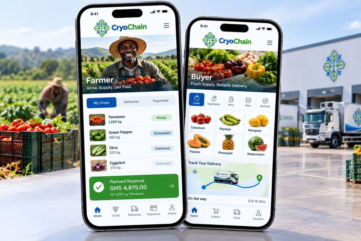 The CryoChain farmer and buyer apps on two phones