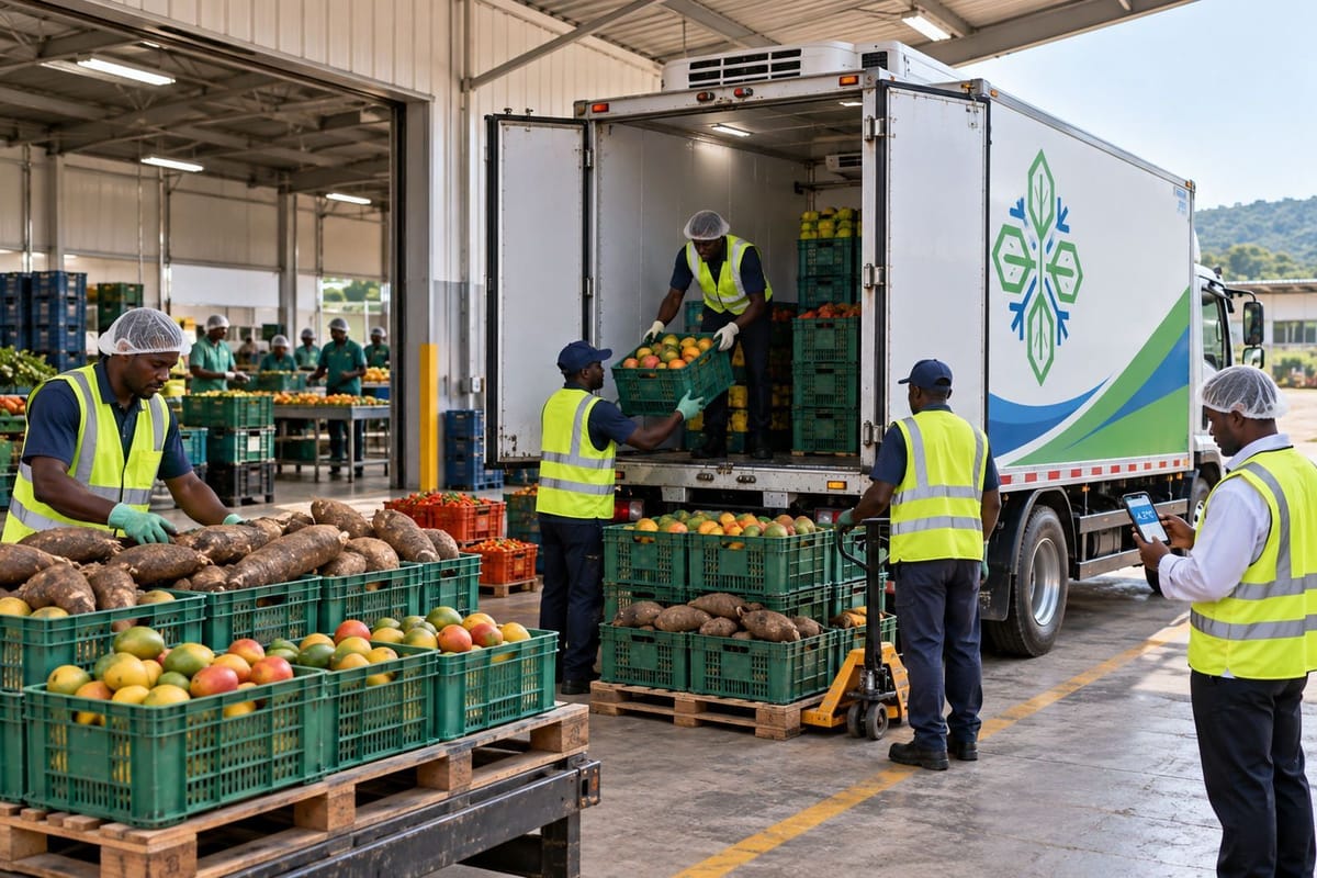 Produce being loaded into a refrigerated truck at an export packhouse