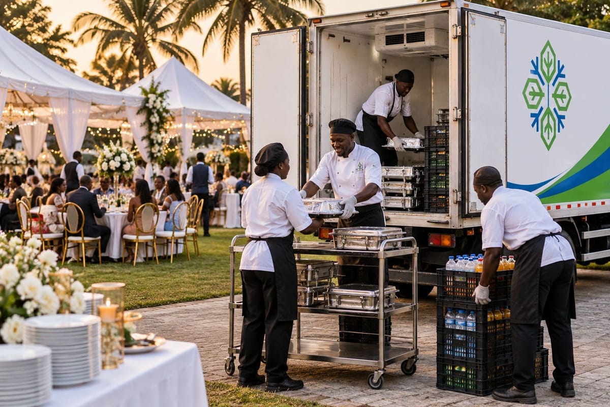 Caterers unloading food from a refrigerated truck at a wedding