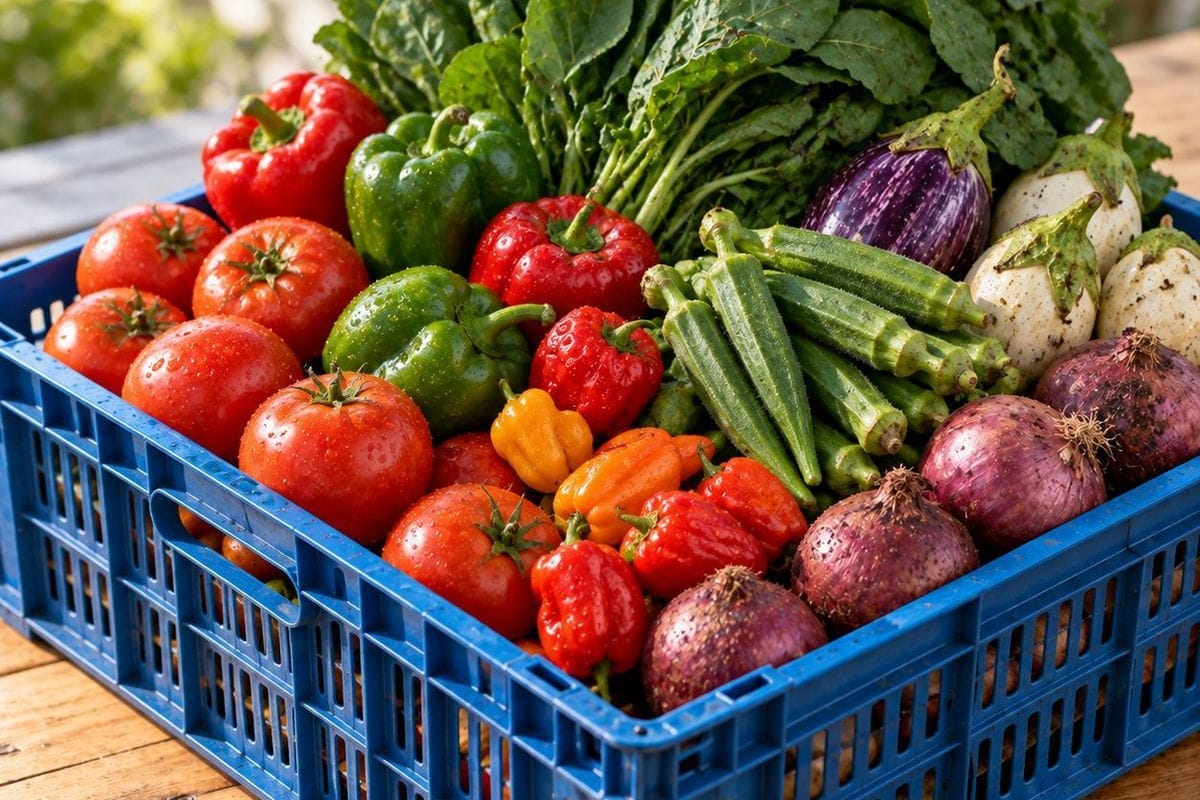 A crate of fresh Ghanaian vegetables