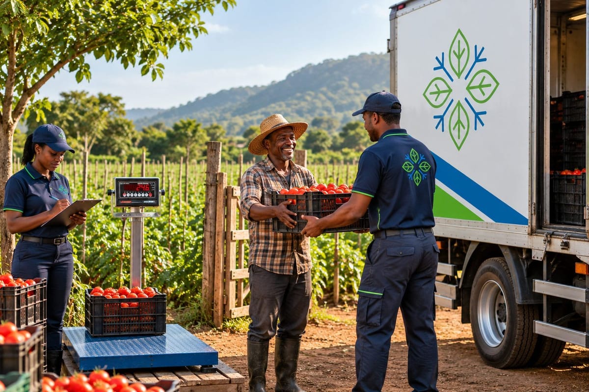 A farmer handing a crate of tomatoes to a CryoChain driver