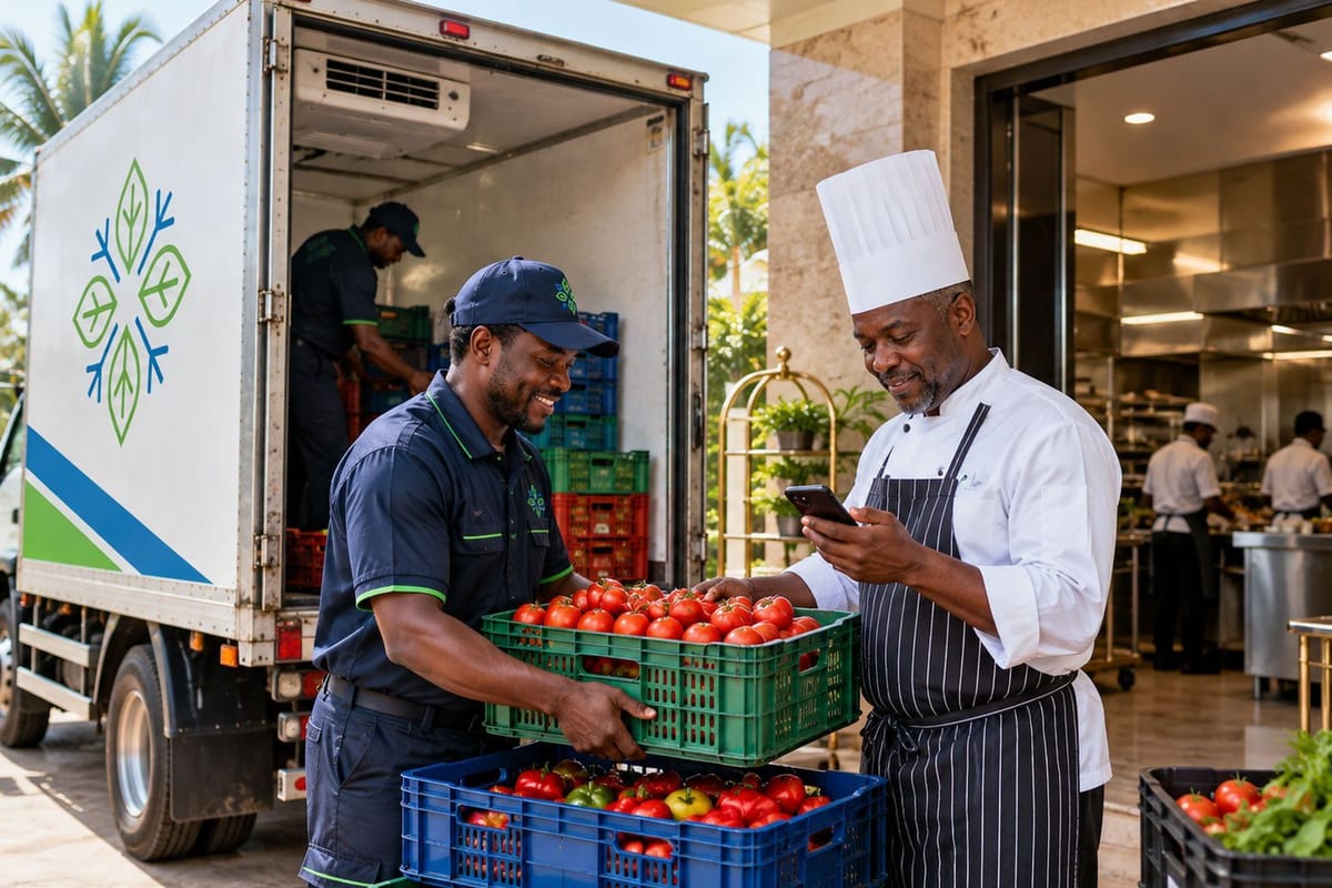 A hotel chef checking a temperature reading on his phone as produce arrives