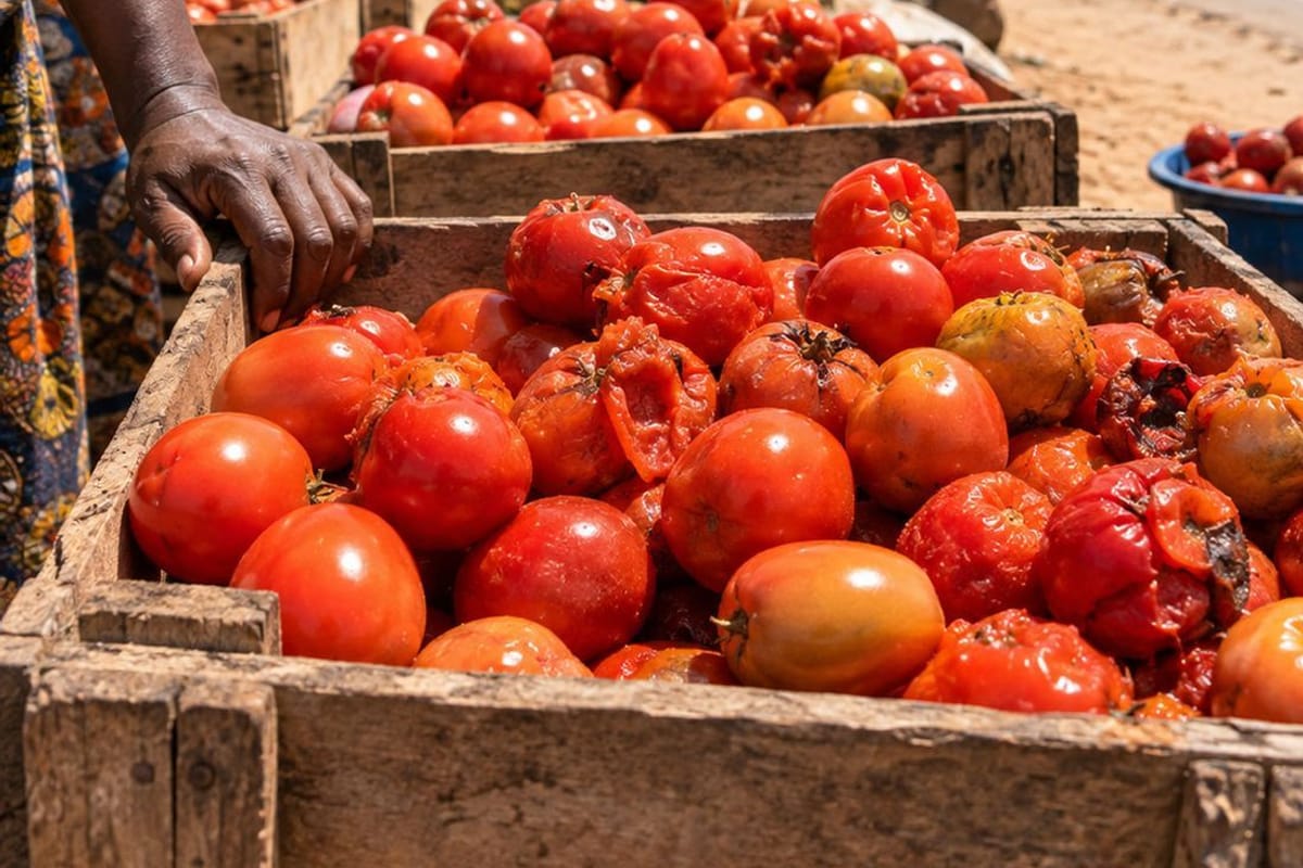 Crates of tomatoes softening in the sun at a roadside market